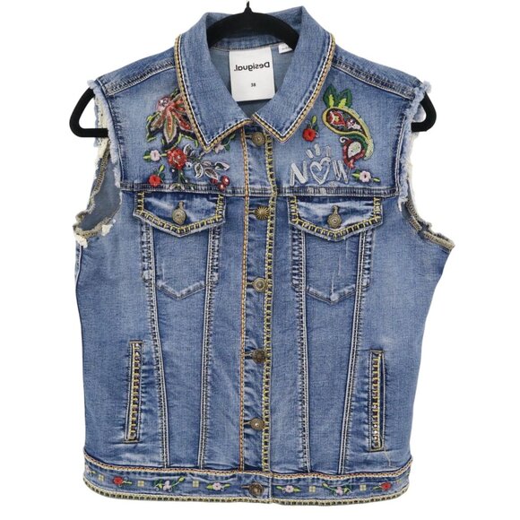 Desigual Embroidered Denim Vest Women 38 Blue Boho Artsy Eclectic Retro Cottage - Picture 1 of 16